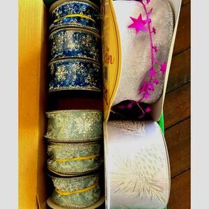 Lot of 8 Blue & Silver Decorative Holiday Ribbons Snowflake Foil Wired New Used